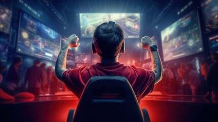 Wall Mural - view from behind gamers celebrating victory Win an eSports competition Lens Game