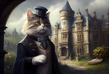 Cat Butler, Majordomo Cat Portrait, On The Background Of An Ancient Castle. AI Generated.