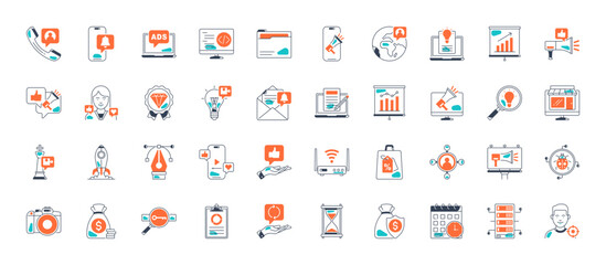 Digital marketing icon set. Containing seo, content, website, social media, sales and online advertising. Solid vector symbol collection.
