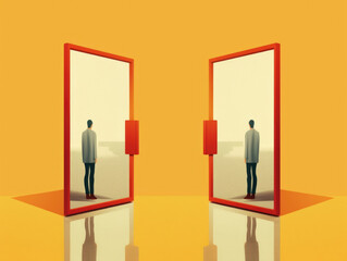 A person standing between two mirrors seeing an infinite reflection of themselves. Psychology art concept. AI generation