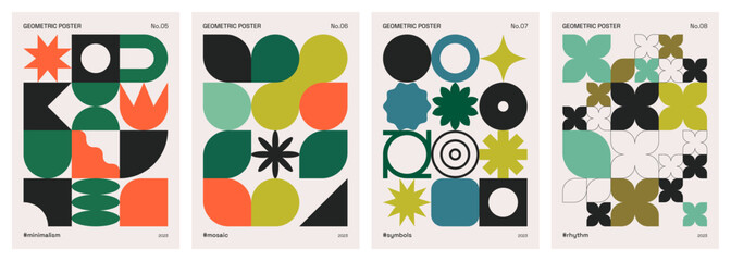 Abstract geometric poster set influenced by minimalism and modernism. Covers or artistic prints in neo geo and Bauhaus styles with circles, squares and geometrical shapes. Simple vector patterns.