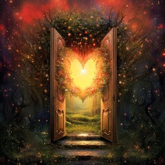 Wall Mural - Doors of love to our heart, soul. Concept of universal love, spirituality, connection. Awareness of inner self. Concept. Esoteric. Generative AI.