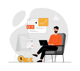 Search engine optimization SEO budget. Calculation of costs for website promotion. Analysis graphics and charts. Illustration with people scene in flat design for website and mobile development.
