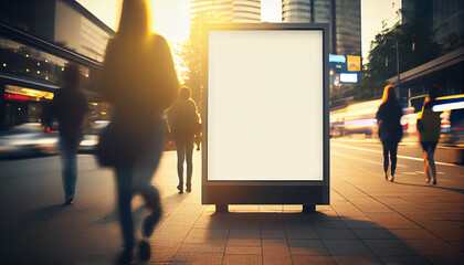 Media banner, blank digital billboard for your advertising. Blurred street and people. Abstract illustration.