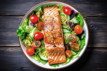 Poster - Grilled salmon fish salad with tomatoes and avocado on plate on wooden table. Top view