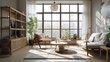 © Saurav - Modern living room with natural lighting. Home interior with feng shui and no people perfect for sets and backgrounds, soft lights, generative ai