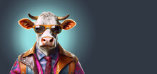 A Portrait Of A Funky White Bull Wearing Sunglasses, A Whimsical Multicolored Jacket And A Tie On A Seamless Dark Blue Background, Copy Space For Text. Generative AI Technology