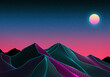 Retro wave futuristic illustration in 1980s style. Mesh covered digital mountains. Neon light colored background for flyer, cover, brochure.