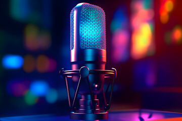 A close-up of a microphone for podcasting or ASMR sounds on black stand in a neon led lighting, cyan and magenta, in a sound recording studio. Generative AI technology