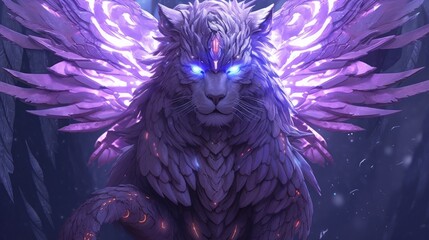 Portrait of a grey tiger in purple with wings