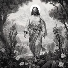 Black And White Picture Of Jesus, Full Body, Sketched, With Nature In The Background Including Trees, And Flowers - Generative AI