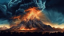 A Volcanic Eruption With Lightning In The Ash Cloud . Fantasy Concept , Illustration Painting.