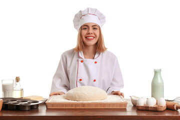 Poster - Female baker with raw dough at table on white background