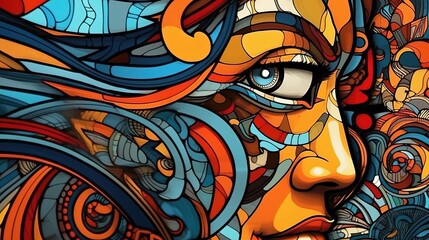 Abstract digital art with a colorful face of a woman . Fantasy concept , Illustration painting.