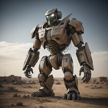 A Hulking Robot Artificial Intelligence Standing Amidst The Remnants Of A Post-apocalyptic Wasteland, With Barren Landscapes, Dilapidated Buildings, And Swirling Dust Storms, Its Battle-scarred Exteri