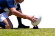 Digital png photo of caucasian rugby player putting down ball on transparent background