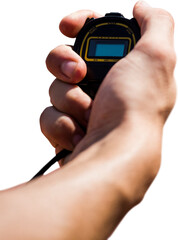 Wall Mural - Digital png photo of hand of caucasian woman holding stopwatch on transparent background