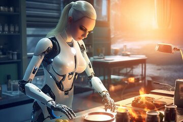 Beautiful humanoid android young woman, preparing tasty colored food on the futuristic white kitchen, cooking robot concept, AI Generative