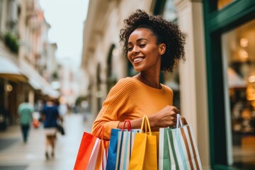 Wall Mural - Smiling attractive young women shopping at shoes store, ai generated