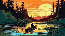 Adventure Sports In The Wilderness Concept, A Man Is Sailing On A Boat On The River . Fantasy Concept , Illustration Painting.