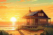 An anime-style colorful illustration of a house on the beach at sunset with solar panels Generative Ai