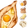 khachapuri with cheese and egg, traditional georgian dish. local caucasian pastry. dish with ingredients sketch, simple design for cafe or restraint menu