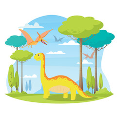 Vector illustration of dinosaurs in nature. Flat illustration.