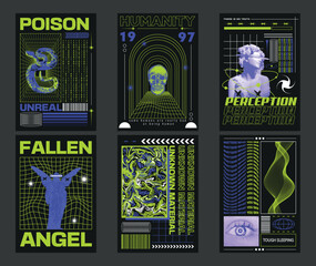 set of retro futuristic posters isolated on black background.trendy brutalist typography design.geom