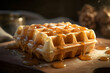 Belgian waffles with caramel on a wooden background, Generative AI 1