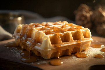 Wall Mural - Belgian waffles with caramel on a wooden background, Generative AI 1