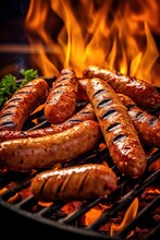Sausages Grilling On Barbecue. Bratwursts Over The Hot Coals And Fire. Generative Ai