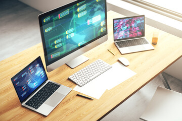 Wall Mural - modern computer monitor with abstract programming language with world map, research and development 