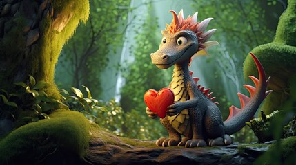 Colorful fantasy cartoon love dragon with hearts.