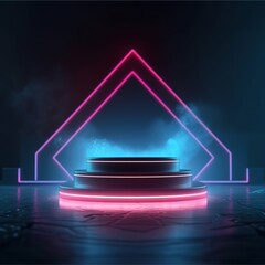 Wall Mural - stage with spotlight on stage. empty podium for products display with smoke and neon lights. generat