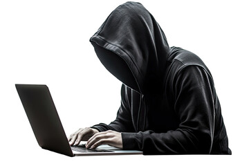 a hacker in black hoodie is working on his laptop.