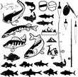 Set of Fishing club logo templates and design elements. Fish silhouettes. Fishing rods and fishing lures. Design elements in vector.