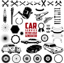 Car Service Retro Logo Generator Is Set Of Icons, Badges, Ribbons And Other Useful Design Elements For Retro Car Service Emblems And Logos Vector Illustration.