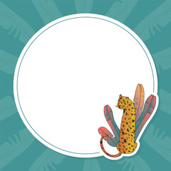 Wall Mural - blank card with leopard animal in tropical foliage vector template