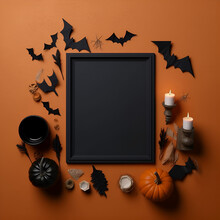 
Black Halloween Frame With Bats, Candles, Pumpkins And A Leaf. Orange Background. Copy Space, Flat Lay, Top View. Generative AI.