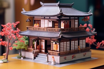 Wall Mural - Paper sculpture - house in Japanese style and trees. Origami, paper art style. Generative AI