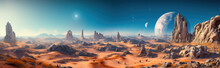 Wide-angle Shot Of An Alien Planet Landscape. Breathtaking Panorama Of A Desert Planet With Canyons And Strange Rock Formations. Fantastic Extraterrestrial Landscape. Sci-fi Wallpaper.