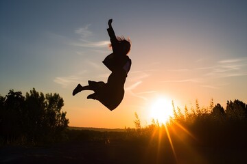 Silhouette of a young woman jumping with a diploma at sunset