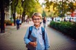 © Adriana - Happy and smiling little boy carrying a backpack going back to school
