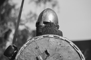 Portrait of reenactor who act like viking warrior from early middle ages.