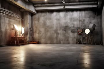 Wall Mural - Dark basement with concrete walls and reflective cement floor and spot lighting in the back wall