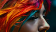 One young adult woman with multi colored wig exudes glamour generated by AI