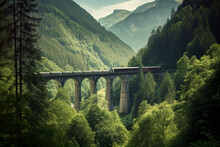 Railway Viaduct In The Mountains. Beautiful Landscape. Generative AI