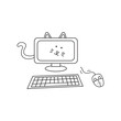Hand drawn Illustration vector graphic Kids drawing style funny cute computer cat with keyboard and mouse in a cartoon style