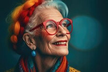 Beautiful Smiling Senior Woman With Red Hairstyle And Glasses. AI Generative Art