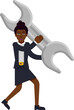 A confident black business woman with a giant spanner conceptual illustration